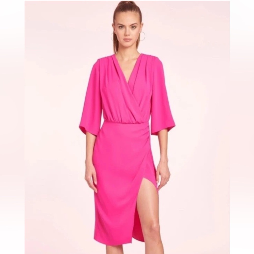 NWT Amanda Uprichard Melinda Midi Dress Hot Pink W Slit Flare Sleeve Sz Medium